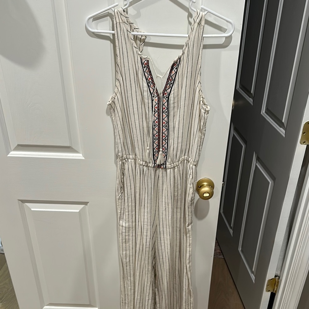 Striped Cream Jumpsuit with Embroidered Detail